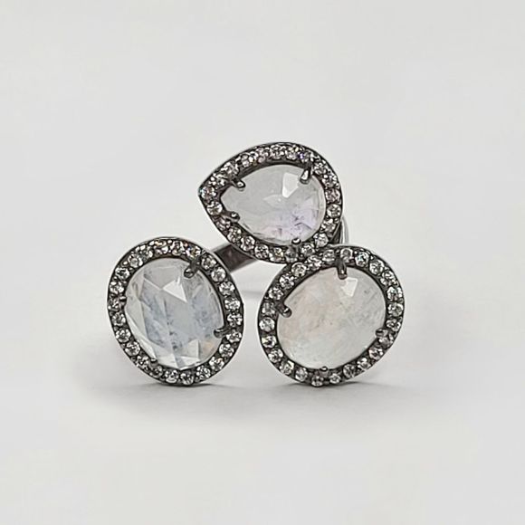 Triple Moonstone with Simulated Diamond Pave Bezel Adjustable Ring | 7½-11 - Picture 2 of 11